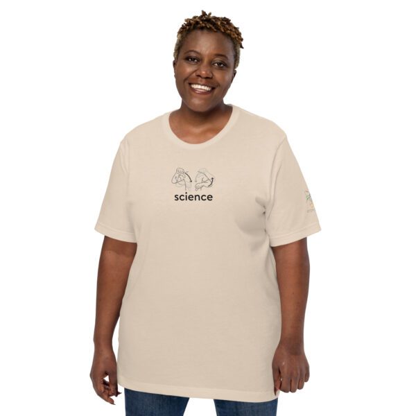 Female model wearing cream shirt with "science" and an illustration of how to sign science is on the chest