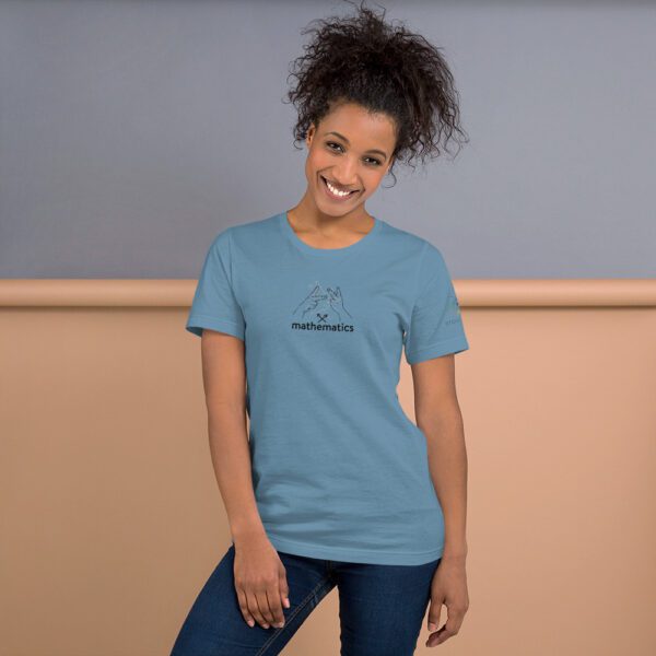 Female model wearing steel blue shirt with "mathematics" and an illustration of how to sign mathematics is on the chest