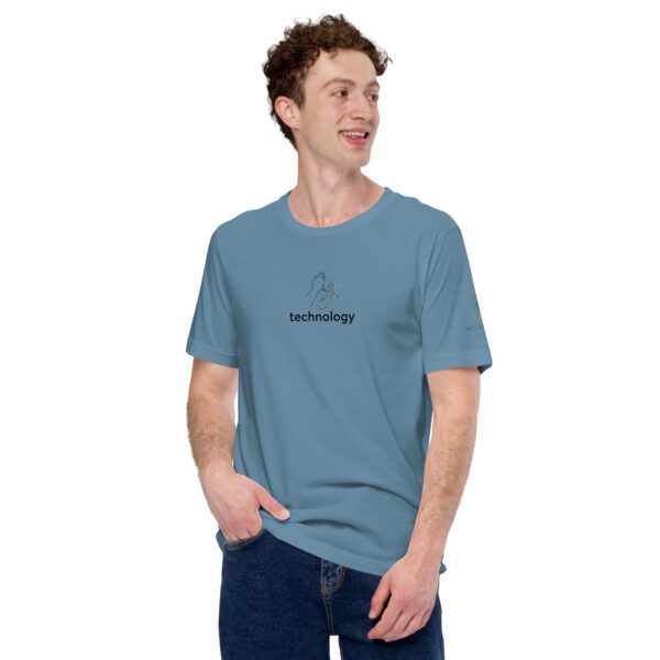 Male model wearing steel blue shirt with "technology" and an illustration of how to sign technology is on the chest