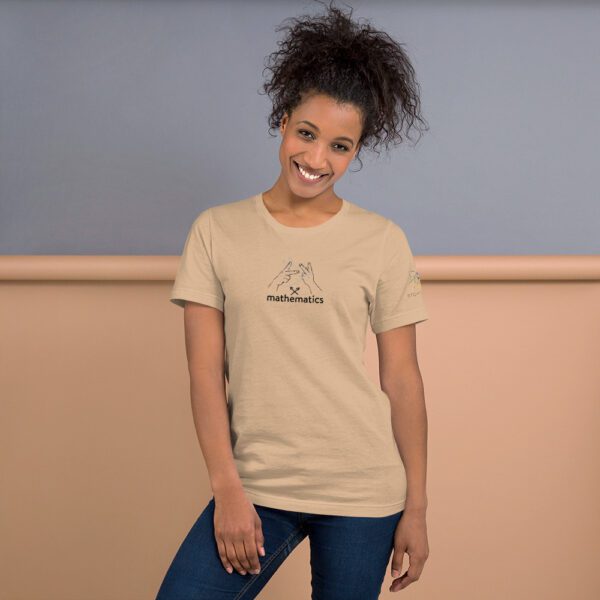 Female model wearing tan shirt with "mathematics" and an illustration of how to sign mathematics is on the chest