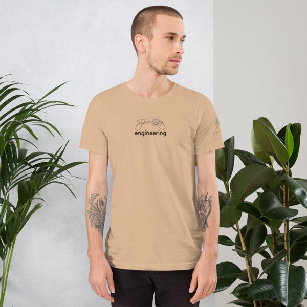 Male model wearing tan shirt with "engineering" and an illustration of how to sign engineering is on the chest