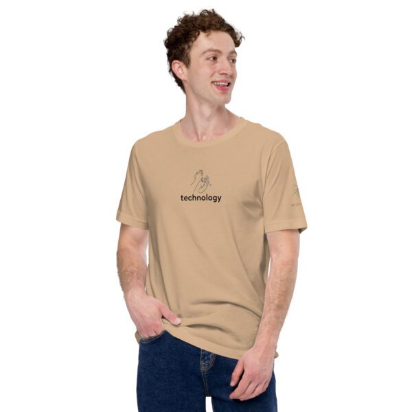 Male model wearing tan shirt with "technology" and an illustration of how to sign technology is on the chest