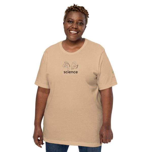 Female model wearing tan shirt with "science" and an illustration of how to sign science is on the chest