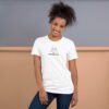 Female model wearing white shirt with "mathematics" and an illustration of how to sign mathematics is on the chest