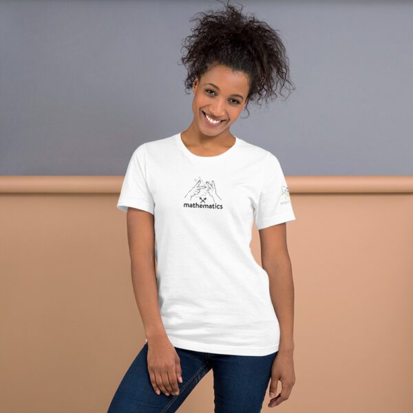 Female model wearing white shirt with "mathematics" and an illustration of how to sign mathematics is on the chest