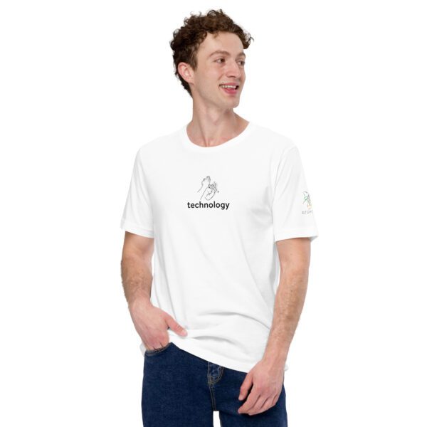 Male model wearing white shirt with "technology" and an illustration of how to sign technology is on the chest