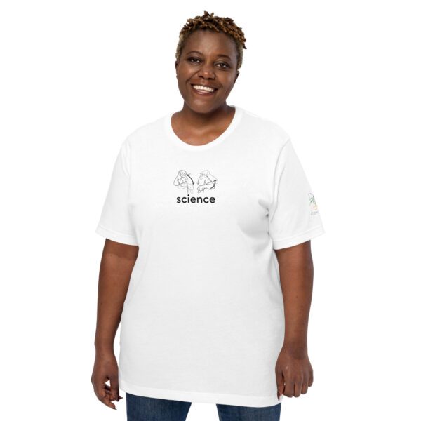 Female model wearing white shirt with "science" and an illustration of how to sign science is on the chest