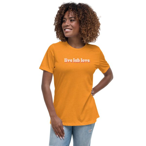 Female model wearing marmalade shirt with "live lab love" in funky retro font/colors