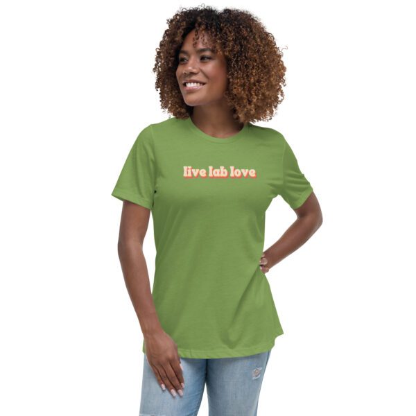 Female model wearing leaf shirt with "live lab love" in funky retro font/colors